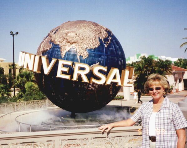 Susan and the globe at Universal Studios, Orlando