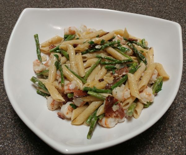 Pasta with Shellfish, Bacon, & Asparagus